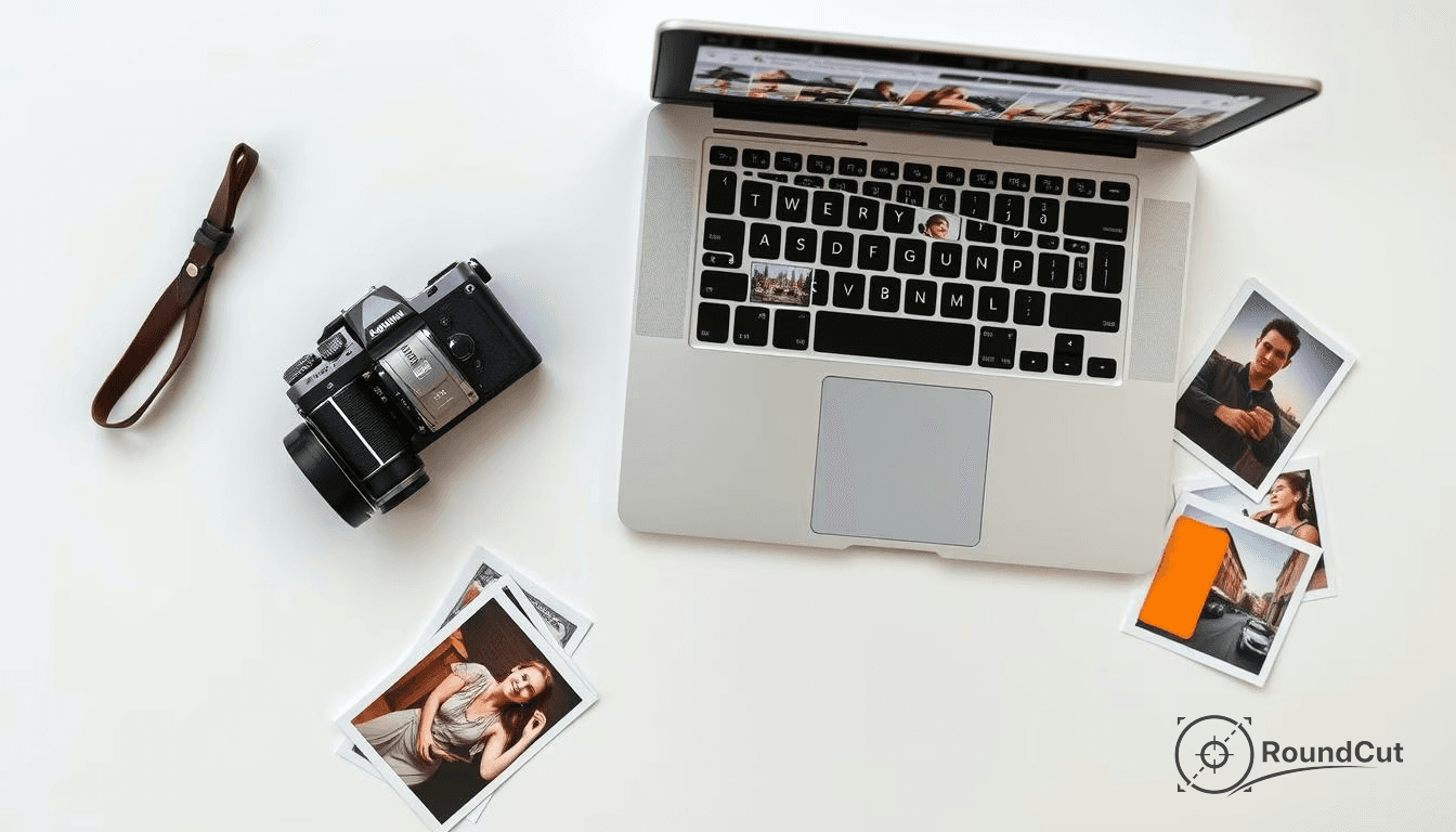 A flat lay image displays a retro film camera, a laptop showcasing photo galleries, and scattered physical prints...