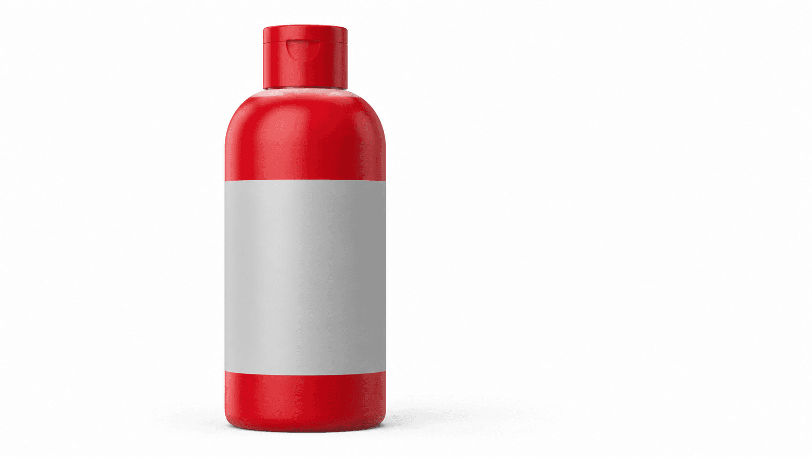 Red product bottle centered on a pure white studio background with soft shadow.