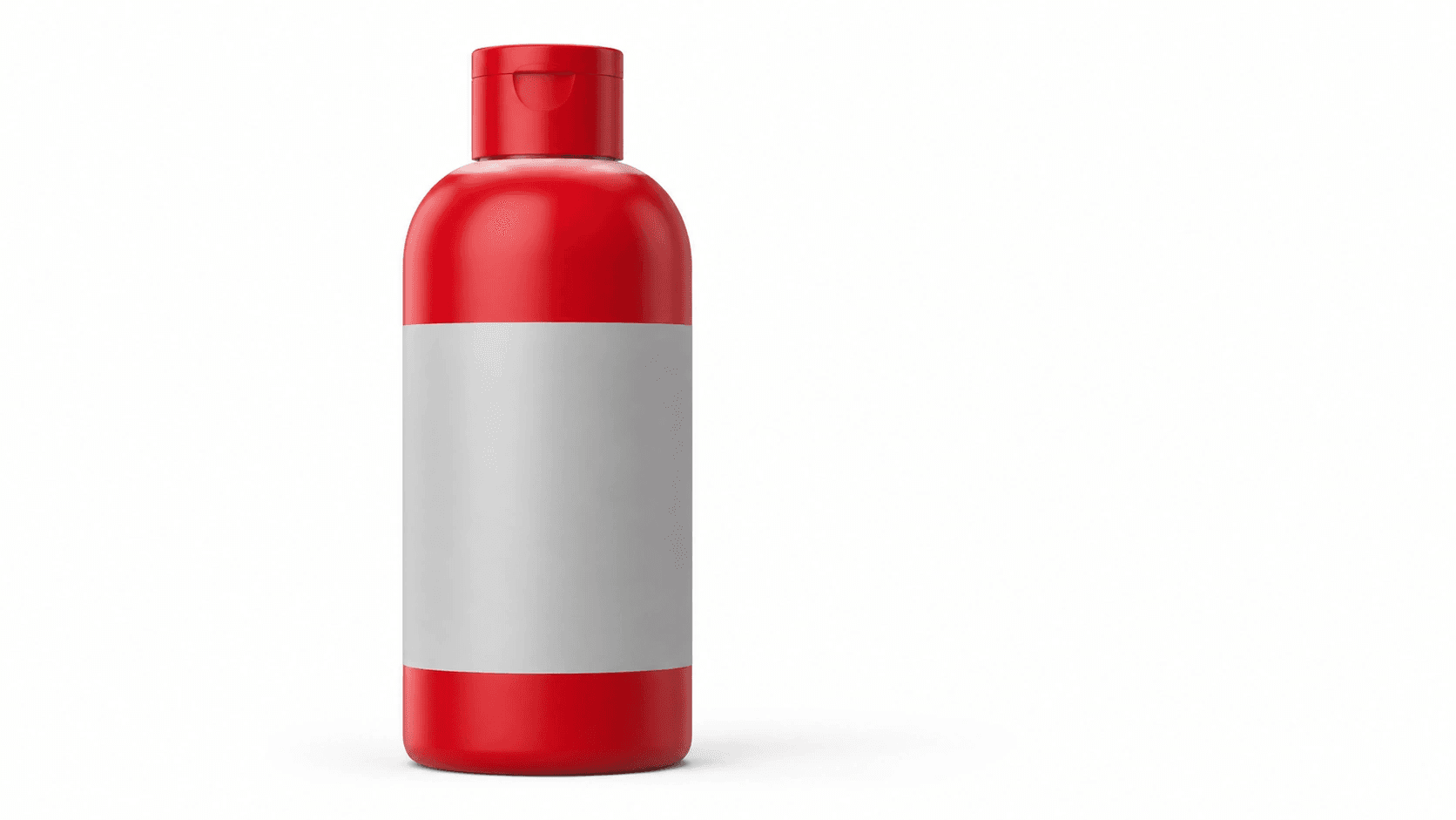 Red product bottle centered on a pure white studio background with soft shadow.