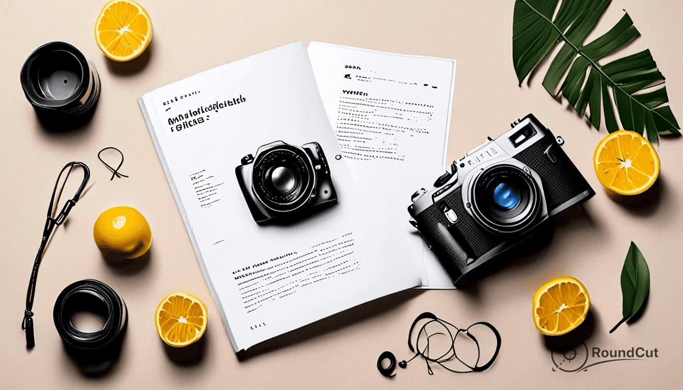 An overhead flat lay shot displays photography equipment, open documents with gibberish text, fresh lemons, and tropical...