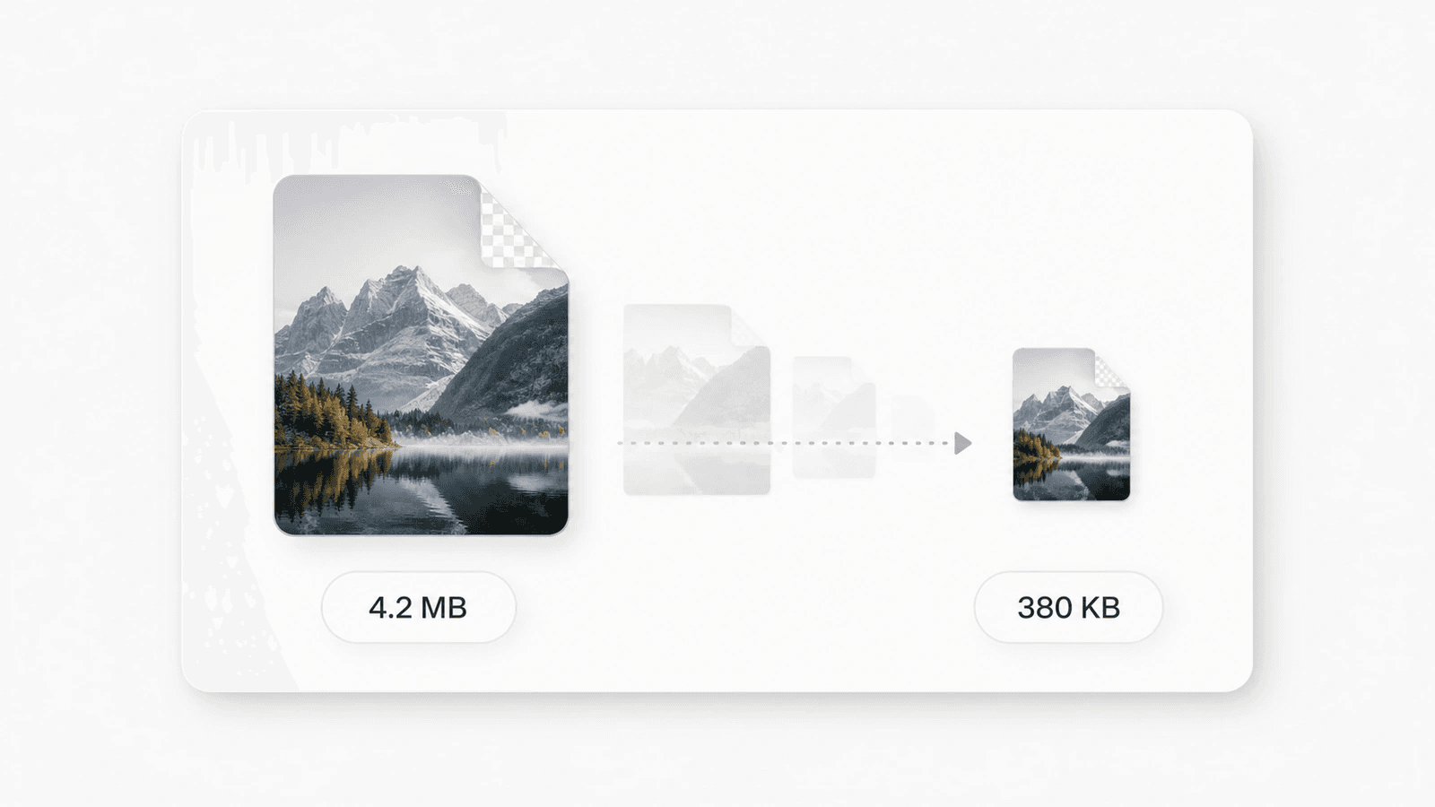 Photo file card shrinking from a 4.2 MB pill to a 380 KB pill with a transparency checkerboard corner