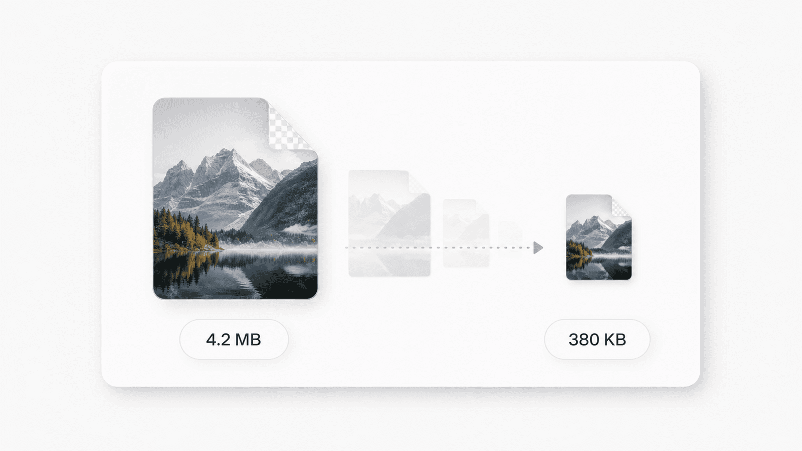 Photo file card shrinking from a 4.2 MB pill to a 380 KB pill with a transparency checkerboard corner