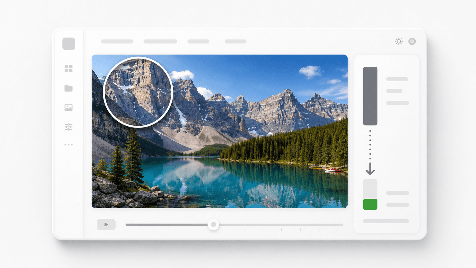 Mockup de compressor com foto de paisagem nítida e lupa ampliando os pixels, ao lado de um medidor que encolhe indicando a queda do tamanho do arquivo