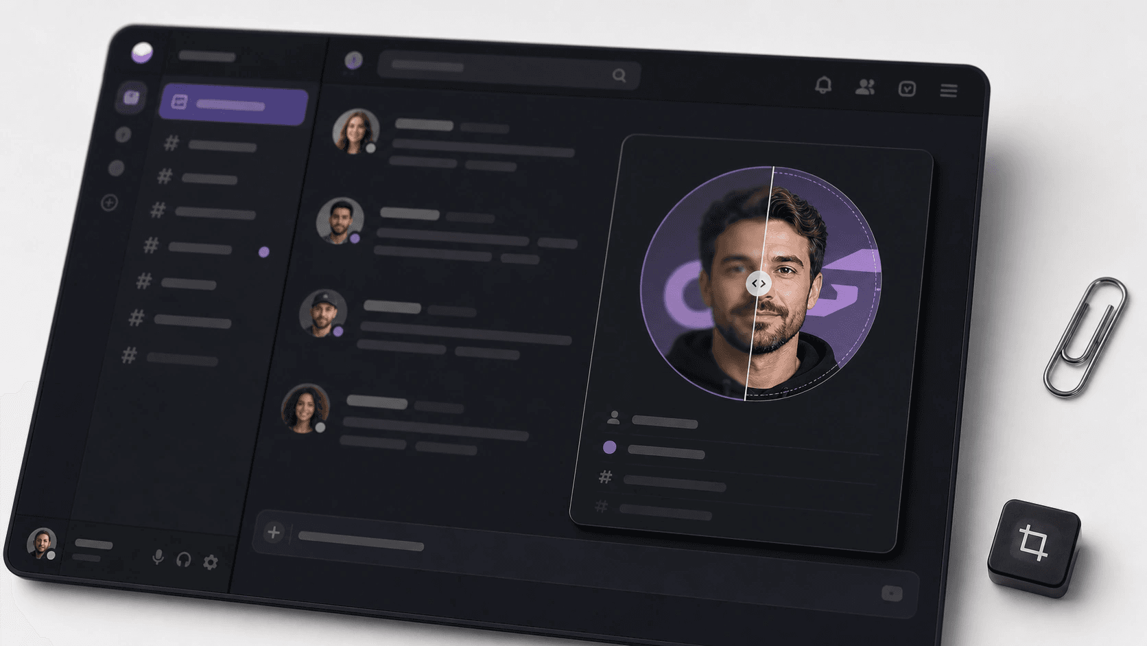 Mockup de chat com avatar circular e divisor antes/depois mostrando nitidez e zona segura.