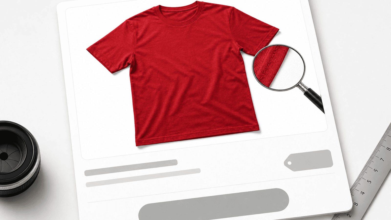 Mockup de loja virtual com camiseta recortada e lupa mostrando textura preservada na borda.