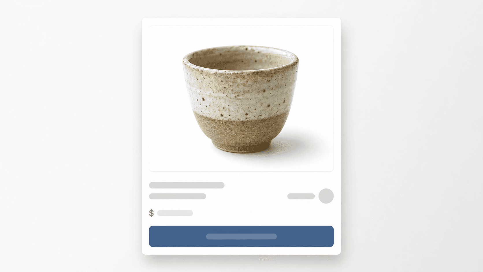 Marketplace listing card mockup with a small ceramic cup photo on a clean white background.