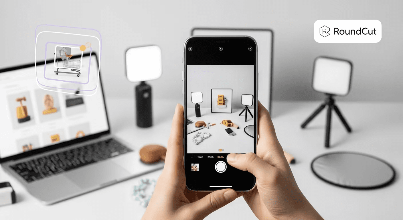 A pair of hands holds a smartphone displaying a camera interface focused on a flat lay arrangement of small items and photogr