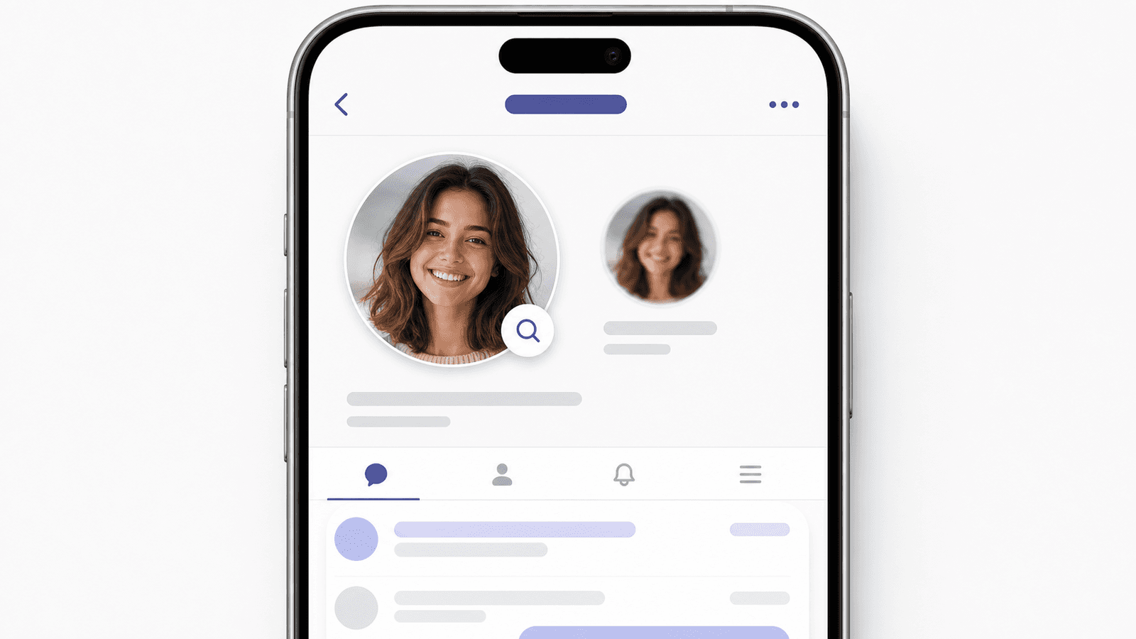 Phone profile screen comparing a crisp circular avatar with a blurry thumbnail under a magnifier