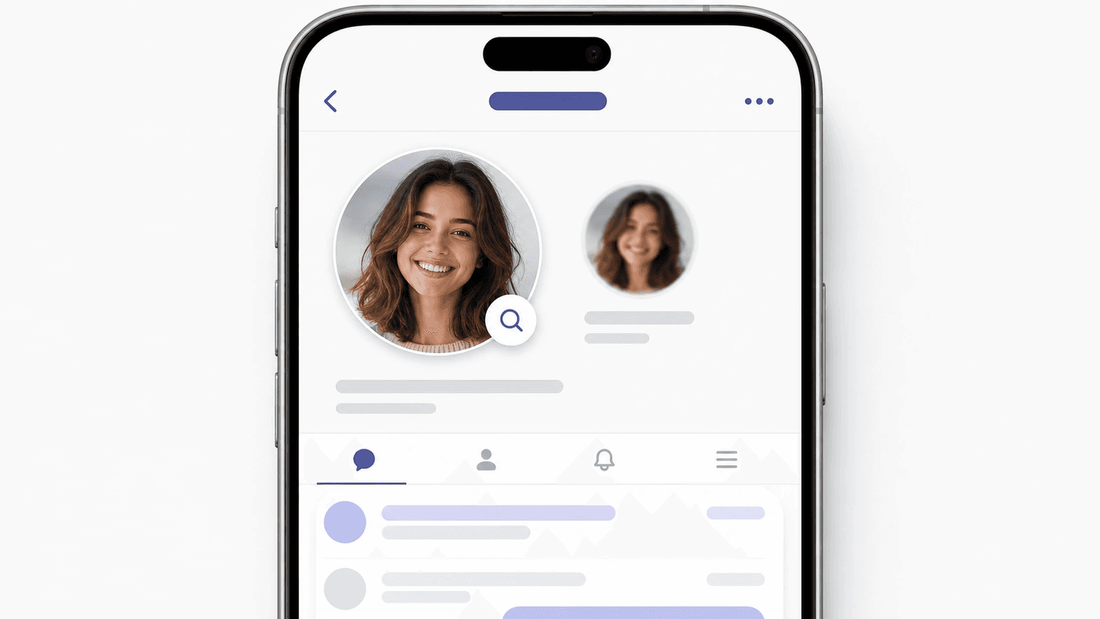 Phone profile screen comparing a crisp circular avatar with a blurry thumbnail under a magnifier