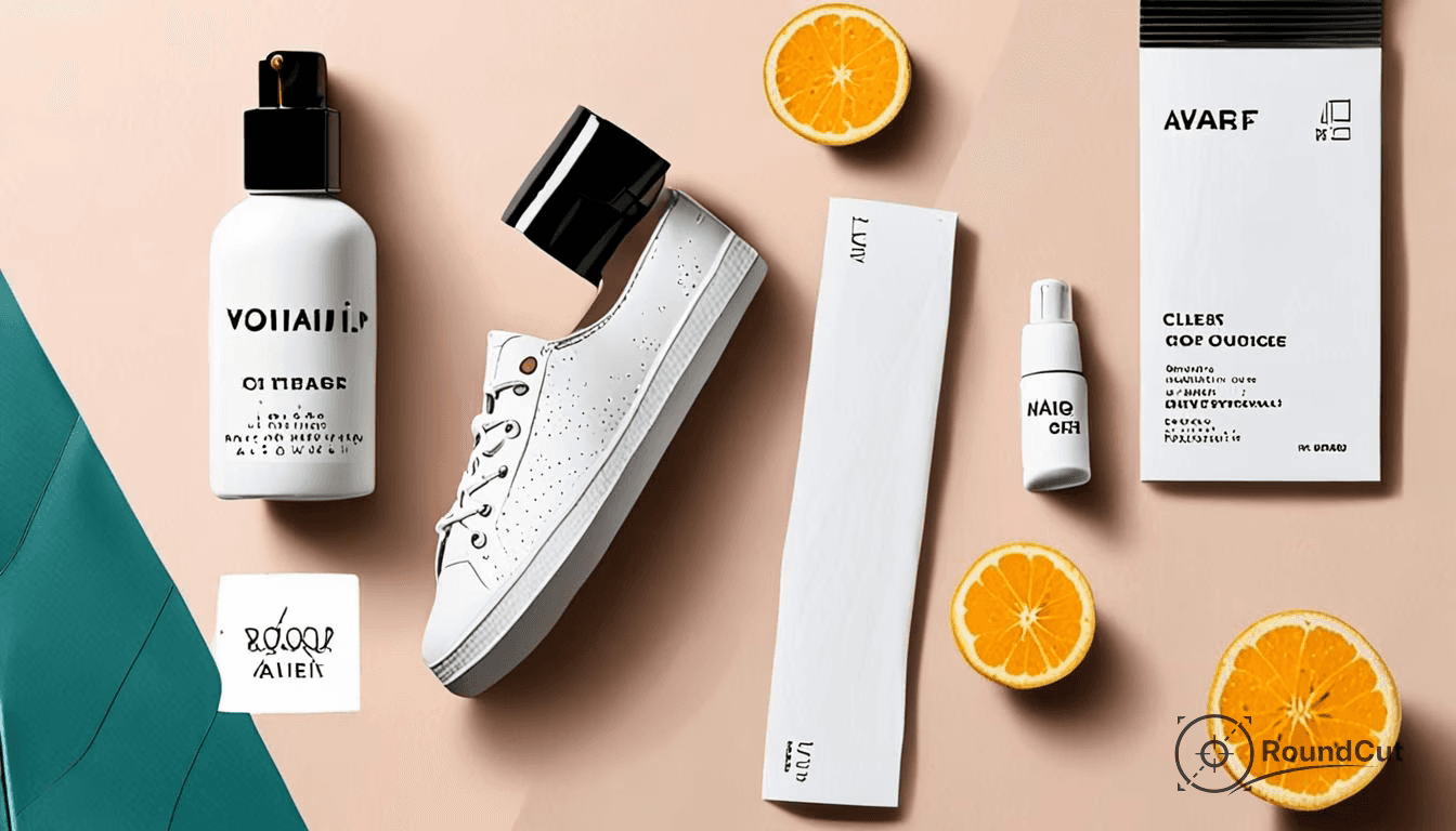 Flat lay of white skincare products, a white sneaker, and sliced oranges arranged on a light pink background, creating a...