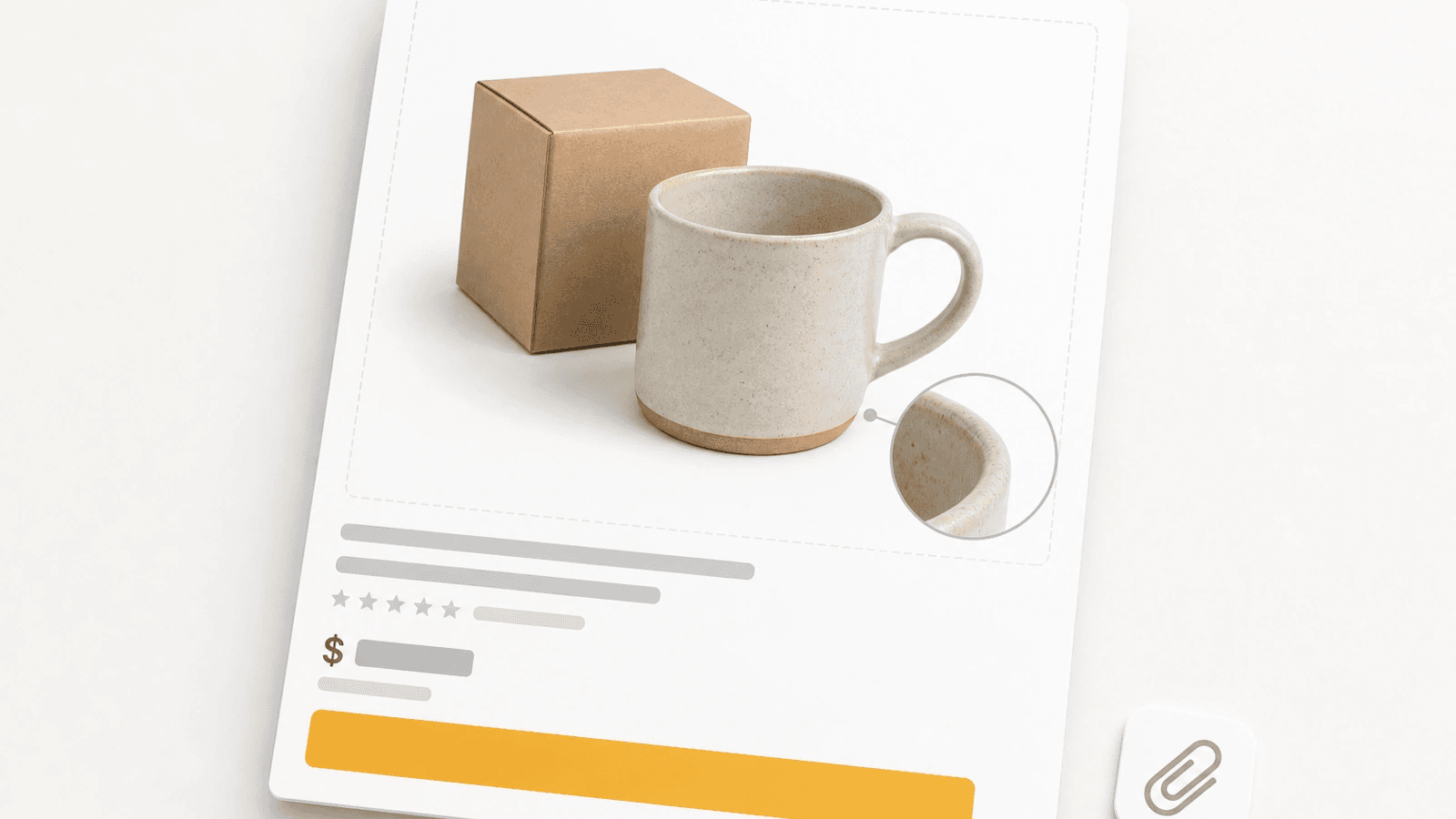 Mockup de marketplace com produto em fundo branco e lupa mostrando borda nítida.