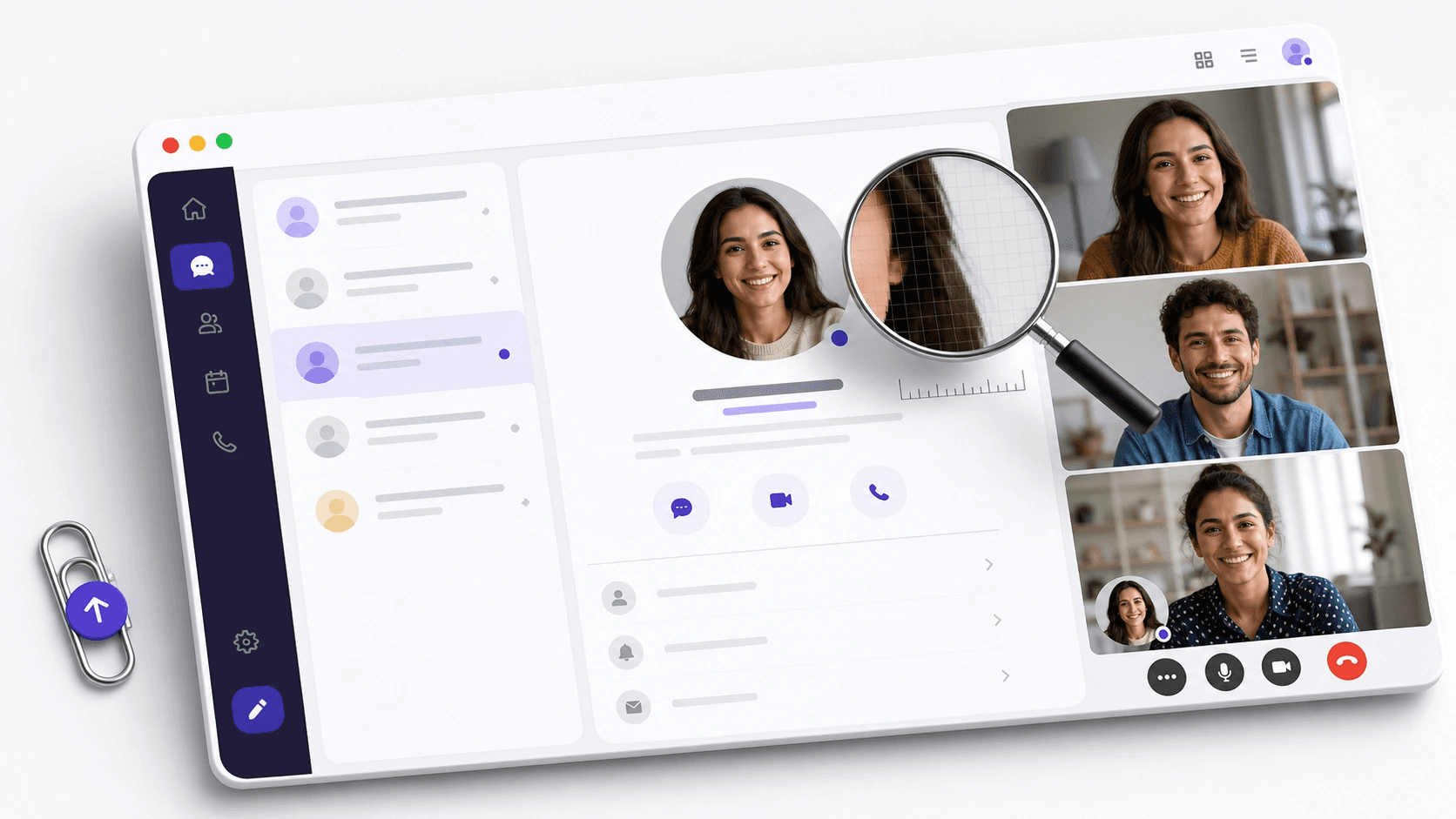 Mockup de app de trabalho com lupa mostrando pixels nítidos na foto circular de perfil.