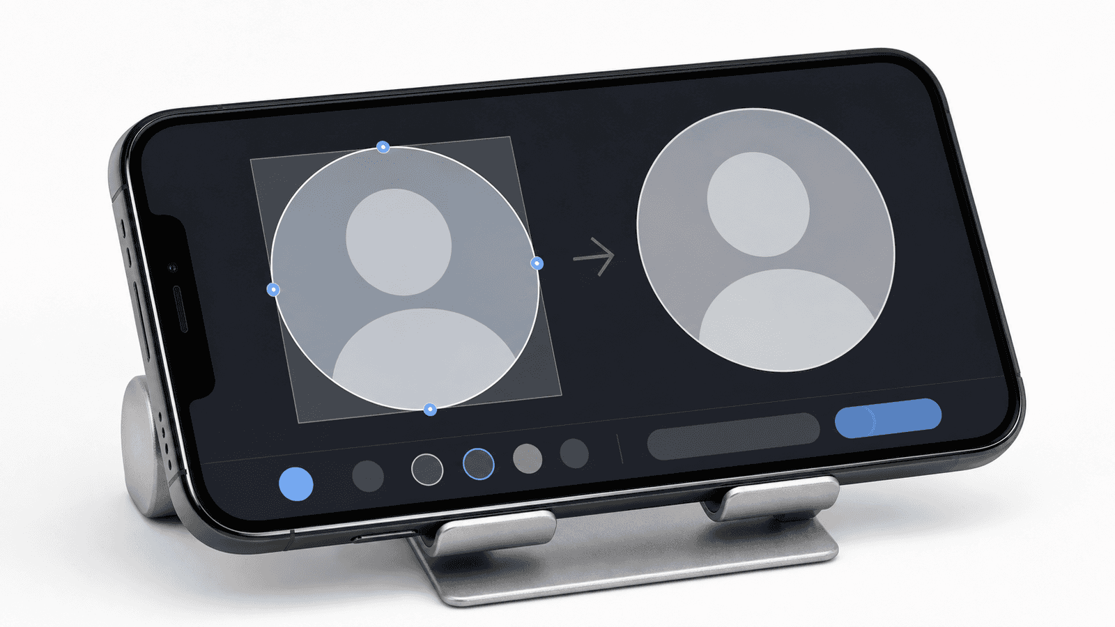 Phone screen shows square crop changing into circular avatar preview