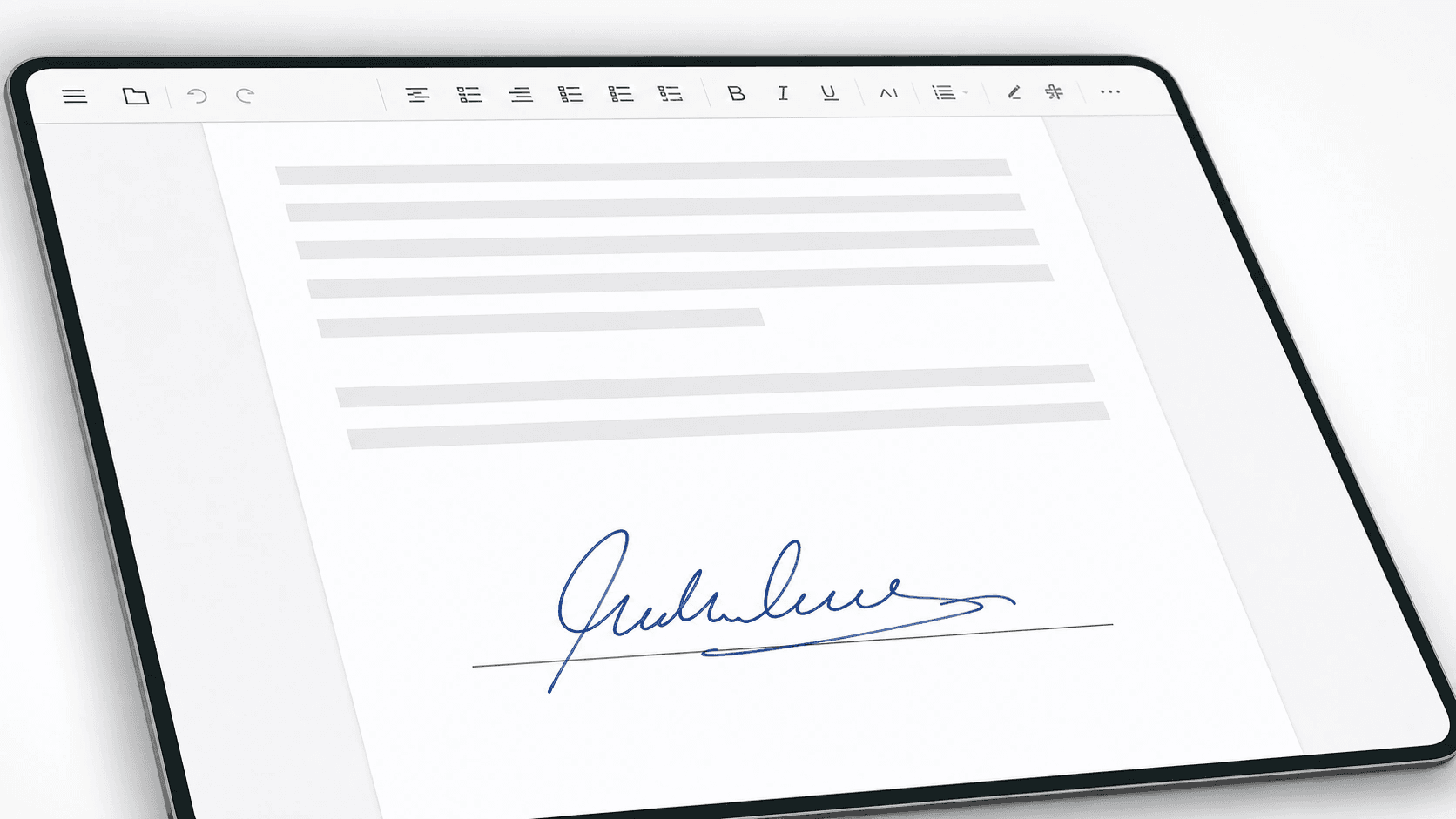 Document editor mockup with a blue handwritten signature placed cleanly over a signature line