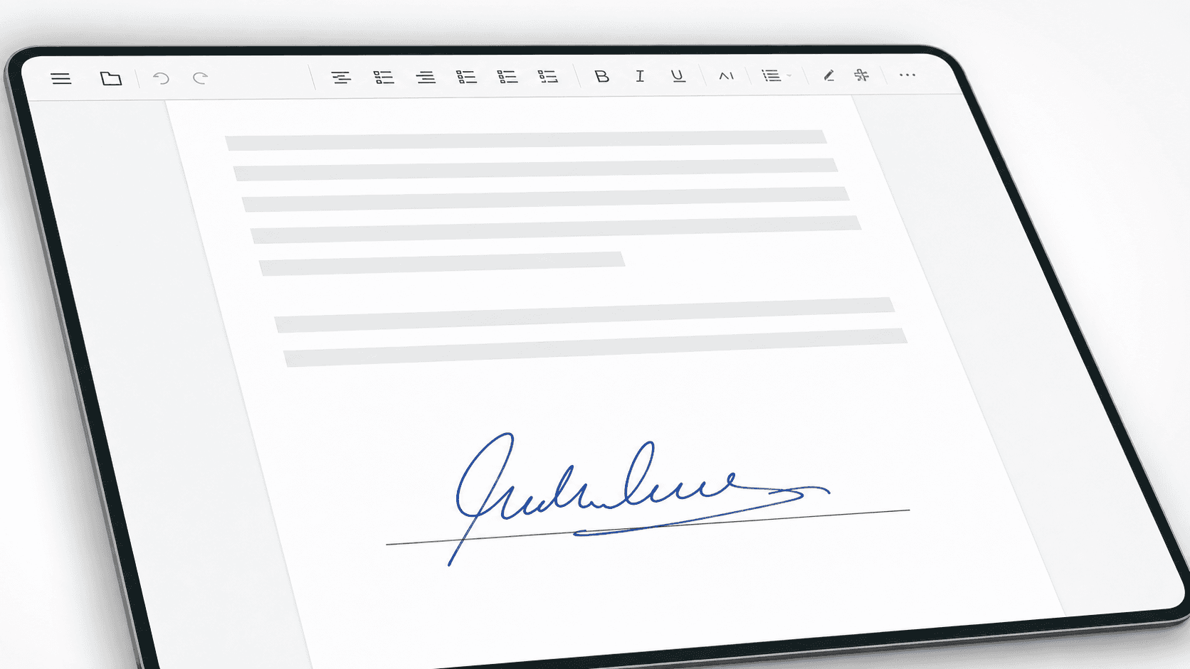Document editor mockup with a blue handwritten signature placed cleanly over a signature line