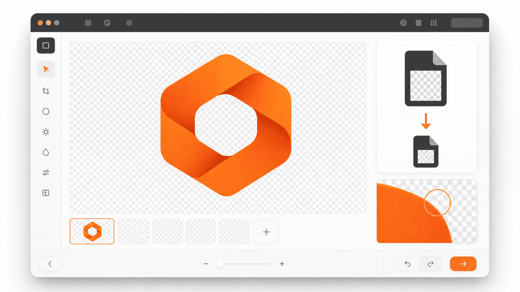 Image editor showing an orange transparent logo and a smaller output file