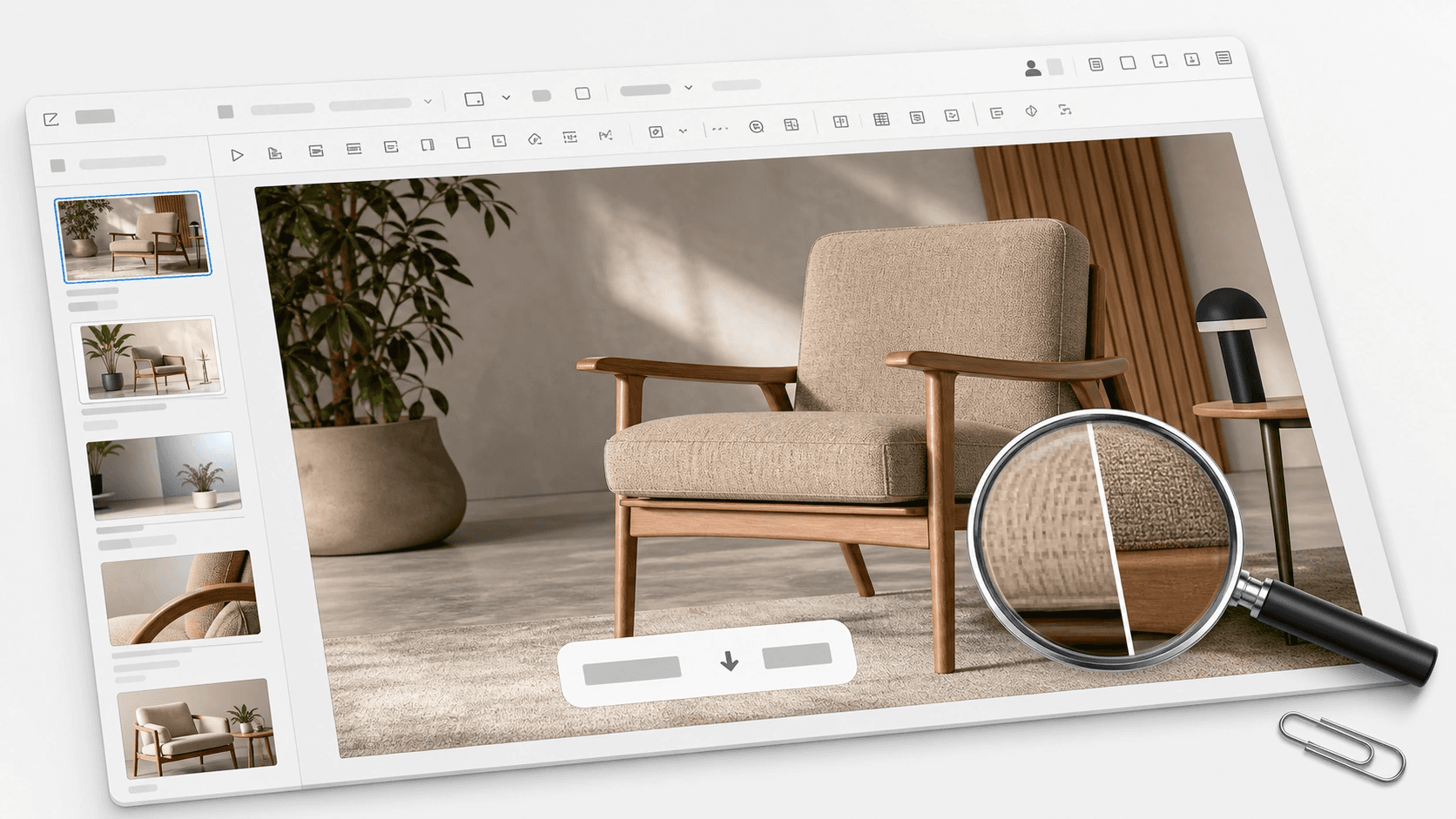Mockup de apresentação com lupa mostrando bordas nítidas após reduzir uma foto pesada.