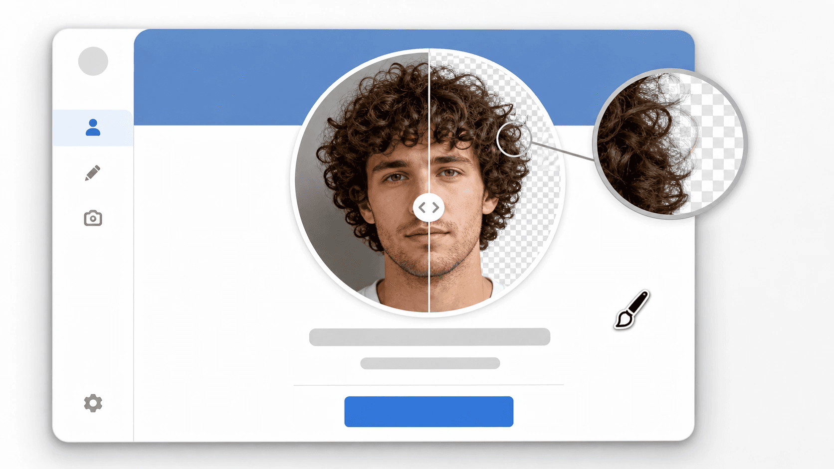 Mockup de perfil com cabelo cacheado, divisor antes e depois e lupa sobre fios no xadrez de transparência.