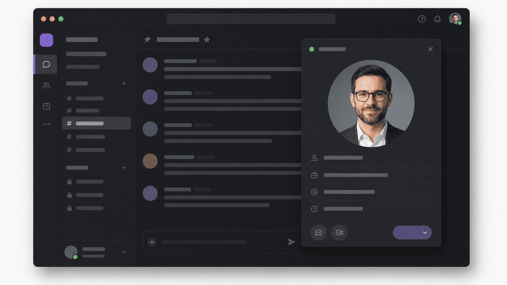 Chat workspace profile card with a circular headshot avatar already cropped and centered
