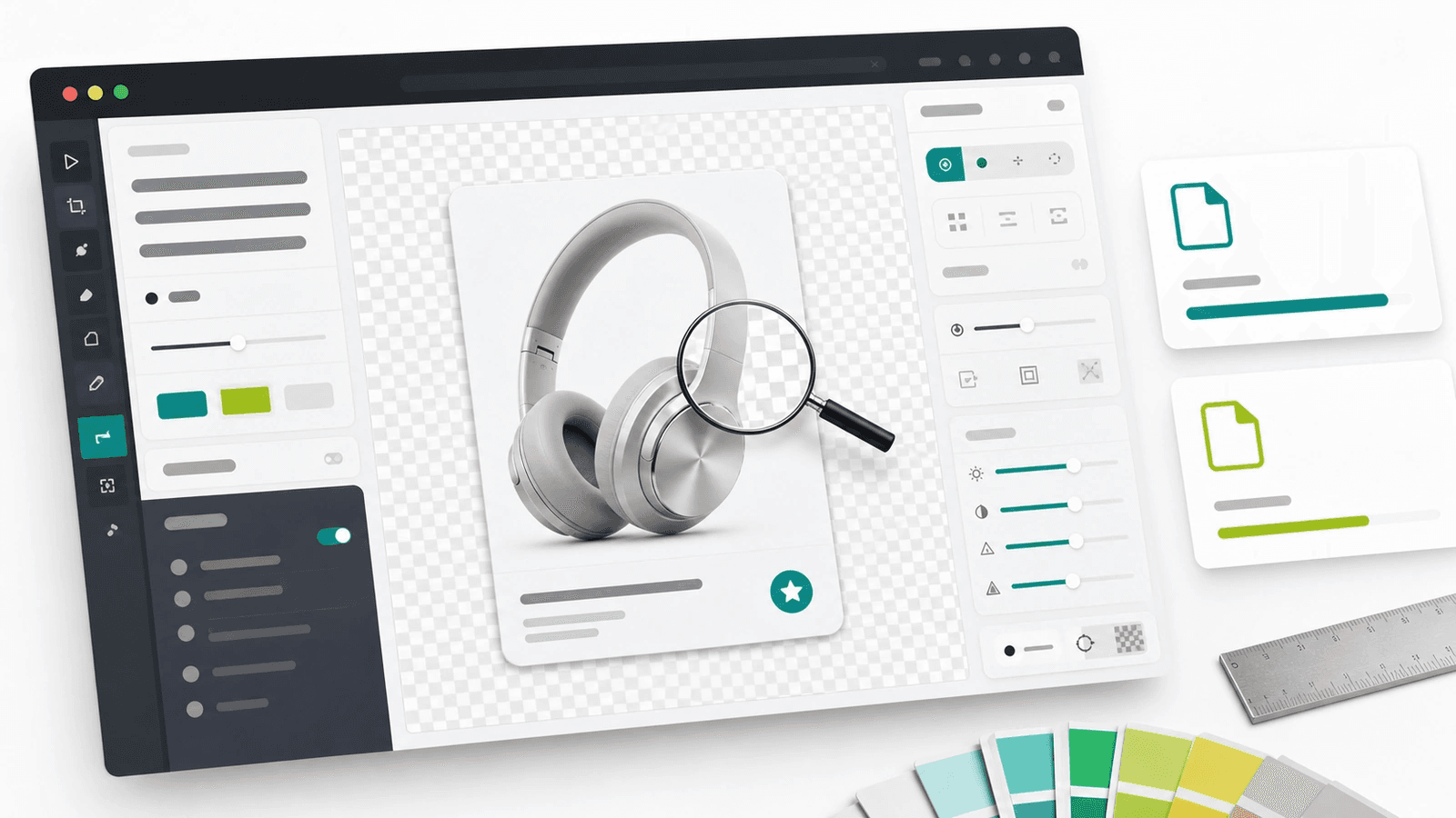 Mockup de conversão com checkerboard transparente e lupa no contorno