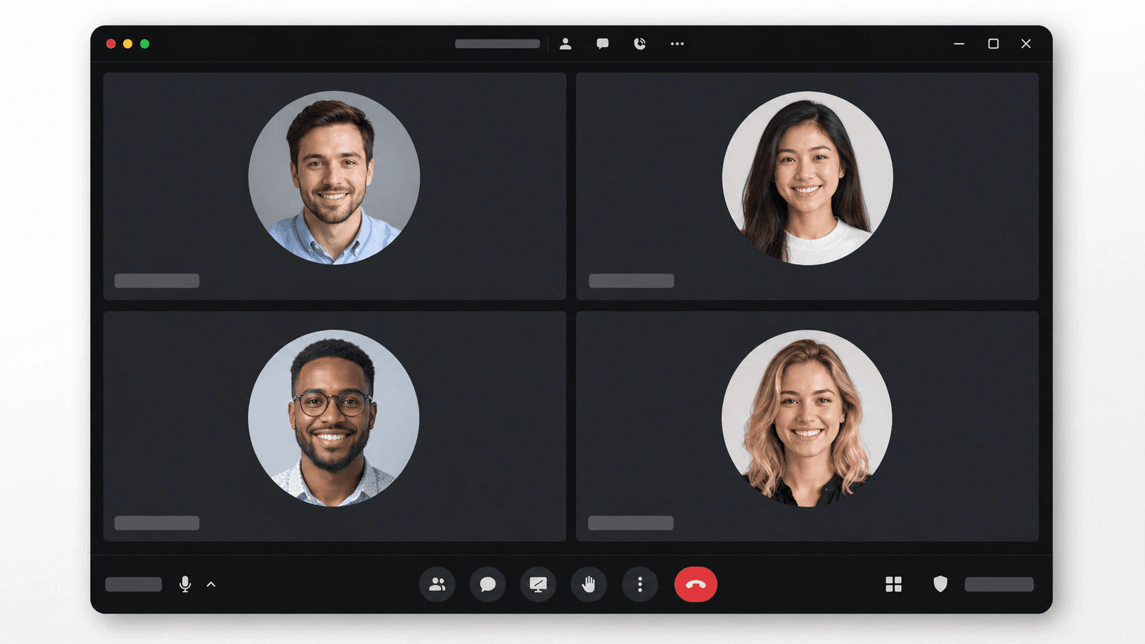 Video call grid mockup with a circular profile photo centered in one participant tile