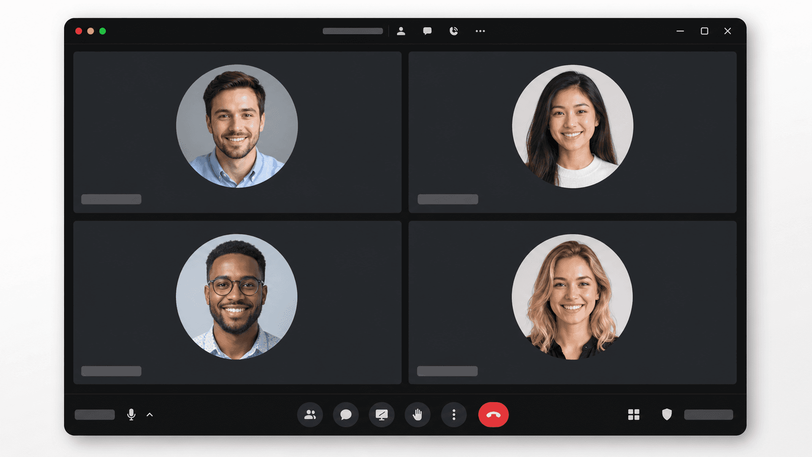 Video call grid mockup with a circular profile photo centered in one participant tile