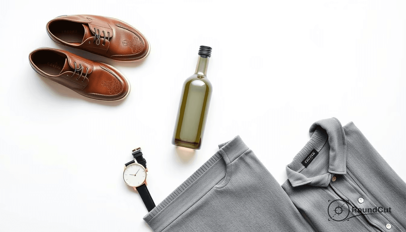 A men's flat lay features brown leather shoes, a grey polo shirt, grey trousers, a minimalist watch, and a green bottle...