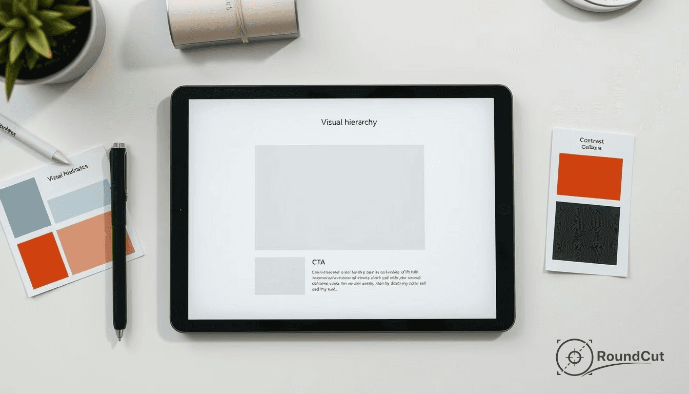 A tablet displays a 'Visual hierarchy' screen with design elements, alongside color palette cards and pens, indicating a...
