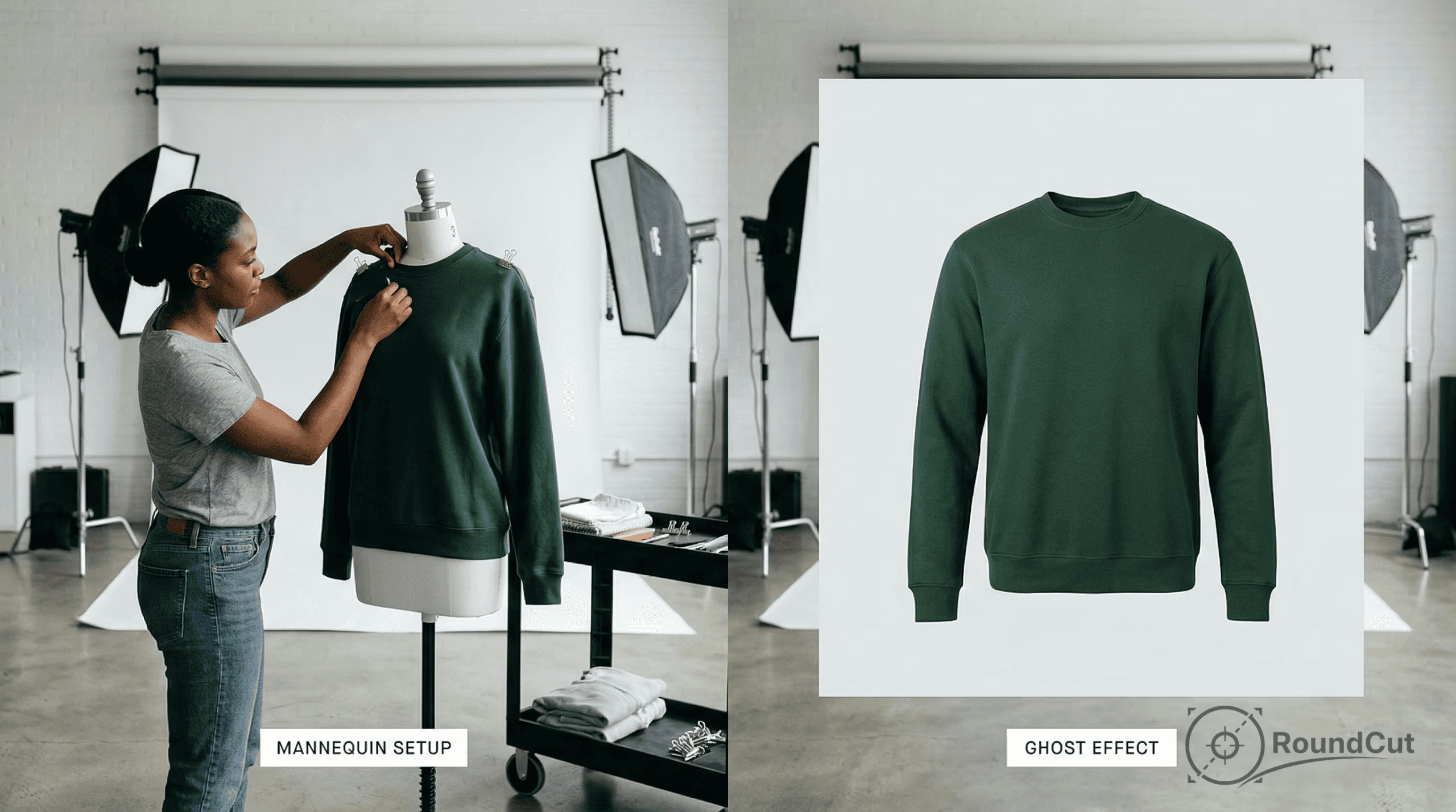 A woman prepares a green sweatshirt on a mannequin for a product photoshoot, illustrating the setup for a ghost effect...