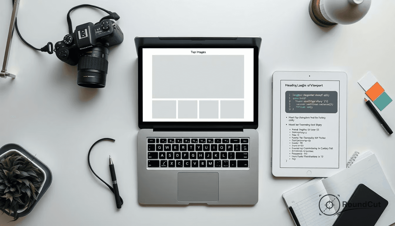 An overhead flat lay features a digital camera, a laptop showing an image gallery layout, and a tablet with code and...