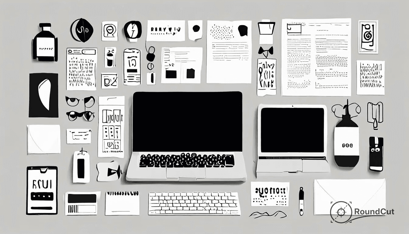 An overhead shot displays a monochrome collection of digital and physical tools, documents, and abstract icons, ideal for...