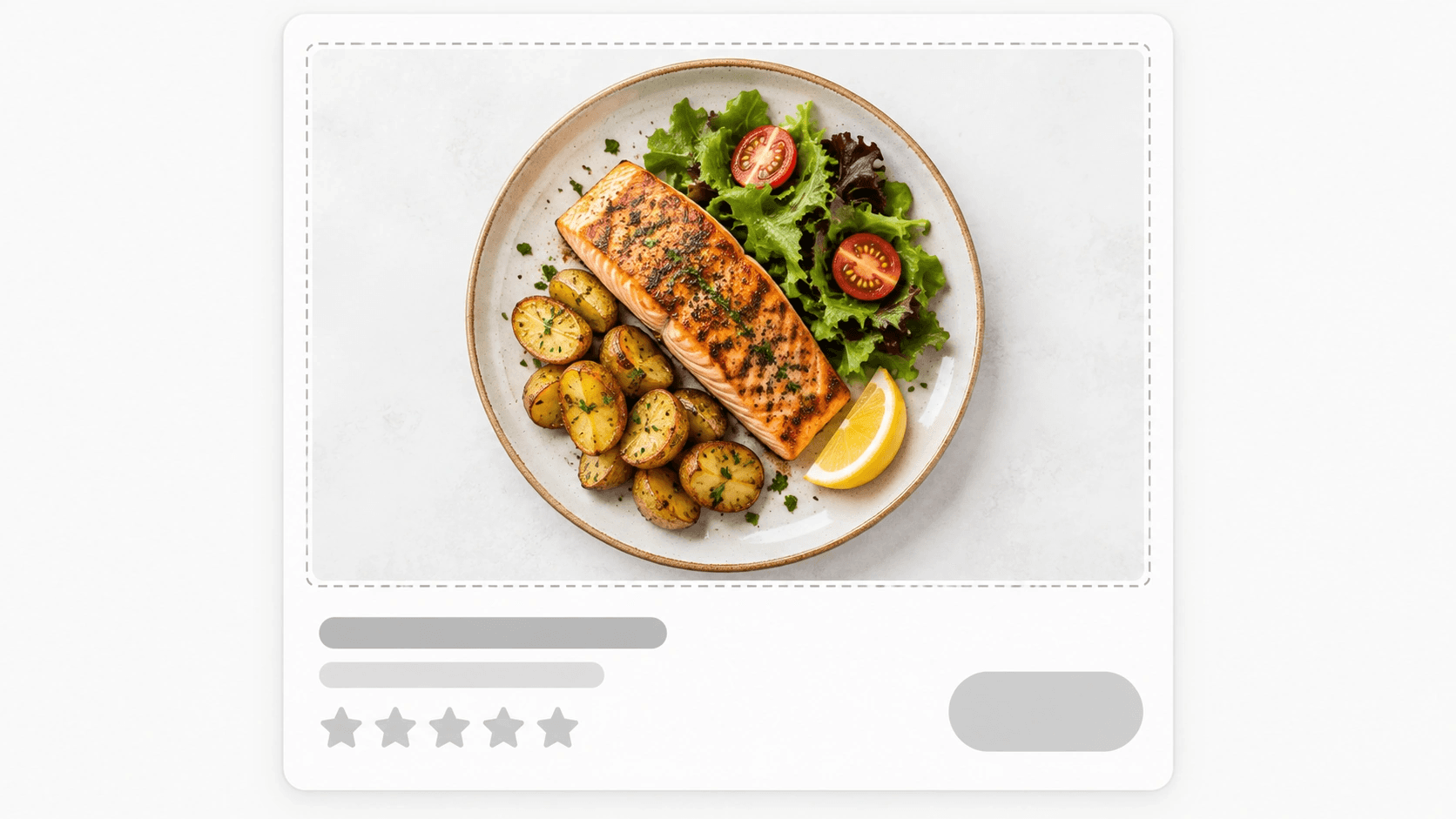 Mockup de cardápio de delivery com prato em 4:3, margem de corte e clipe de recibo ao lado.