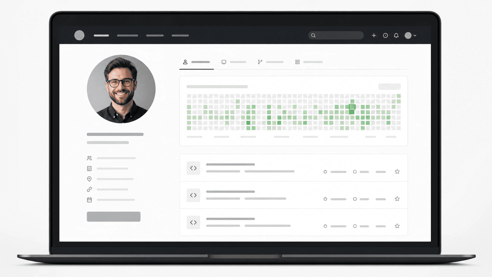 Developer profile mockup with a circular headshot avatar and contribution grid