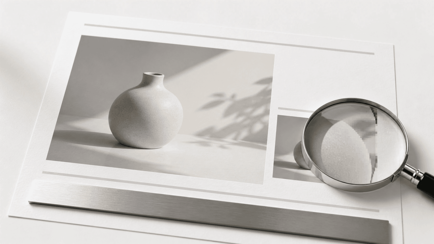 Magnifier over a shrunken photo on a page mockup, showing a stair-stepped edge beside a smooth curve