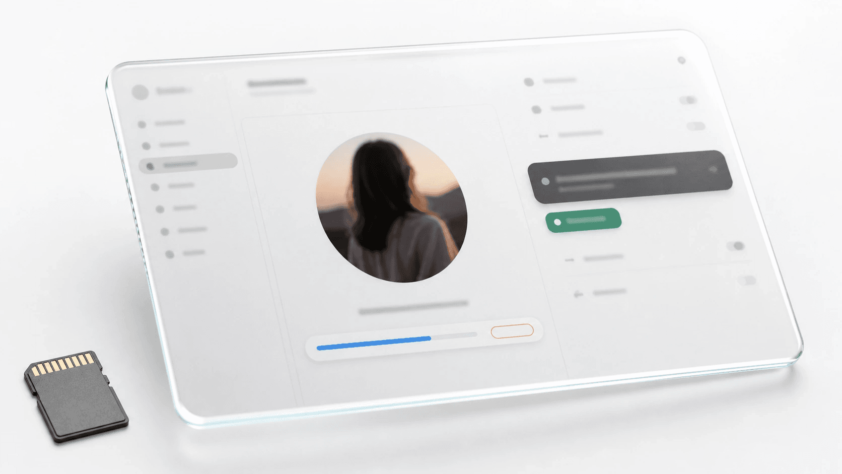 Profile settings mockup with a halted upload bar and two file-size chips beside a circular avatar