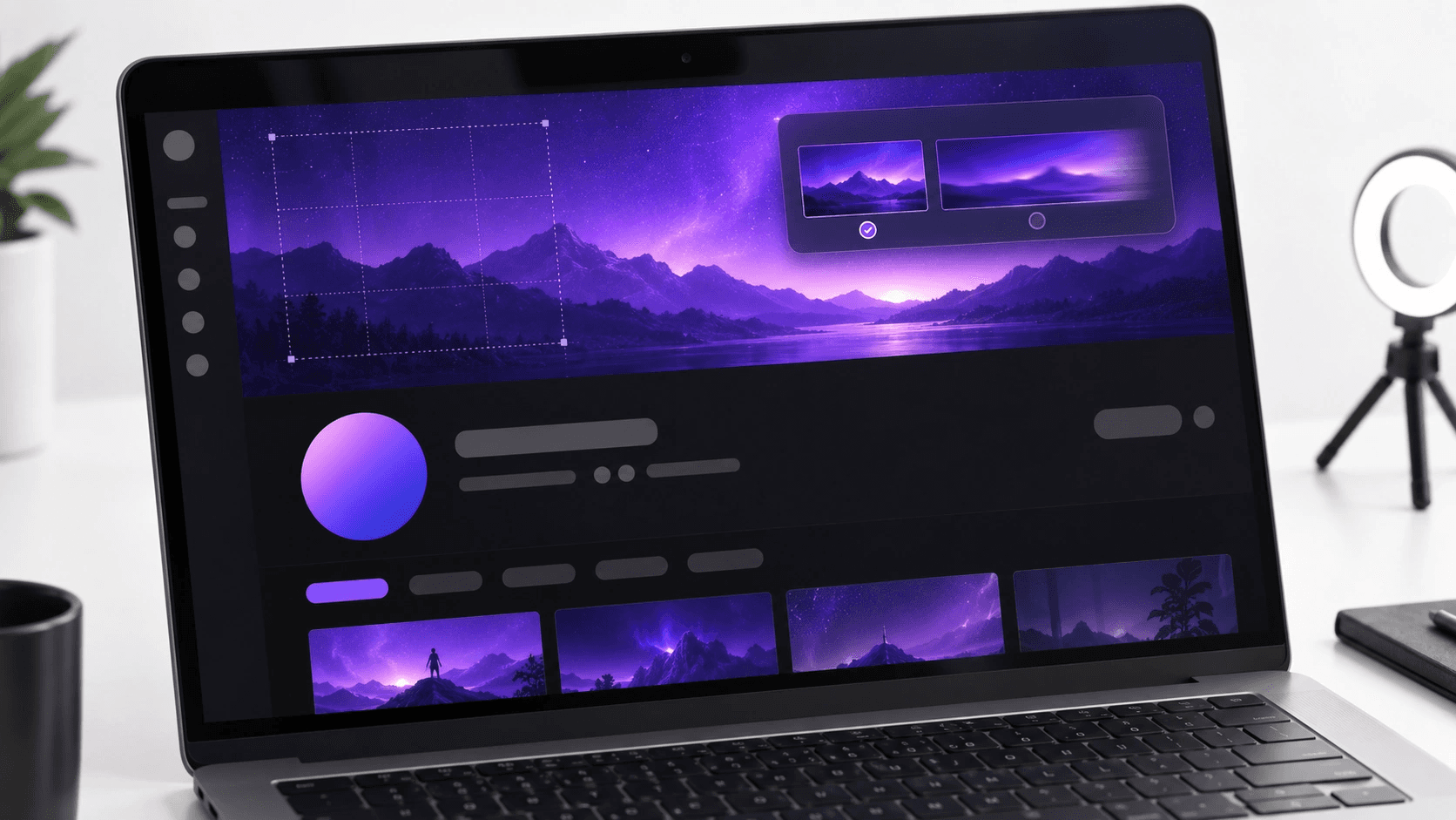 Laptop com editor de banner mostrando pílula que compara corte nítido e versão esticada, avatar circular ao lado