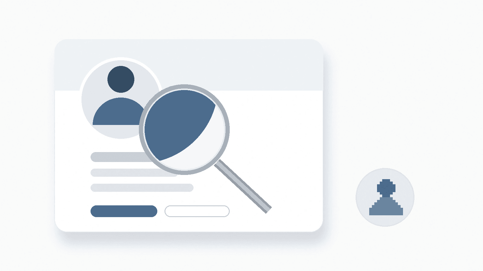Magnifier showing crisp pixels on a circular avatar card, pixelated thumbnail beside it