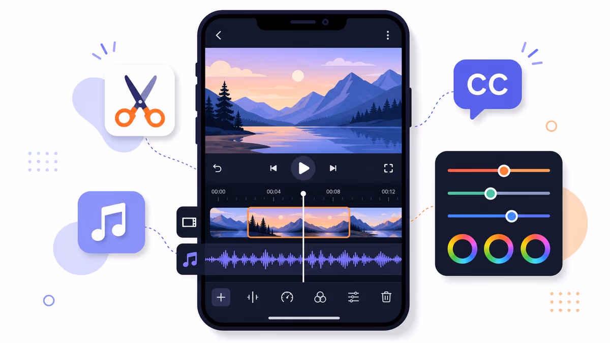 Aplicativo de edição de vídeo no celular com linha do tempo e legendas