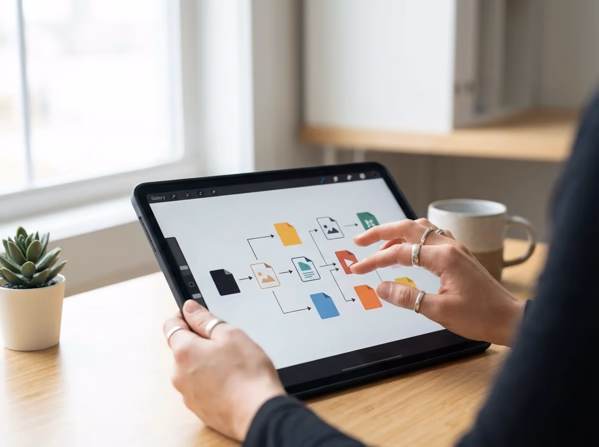 A person's hands wearing rings interact with a digital workflow diagram on a tablet in a bright setting.