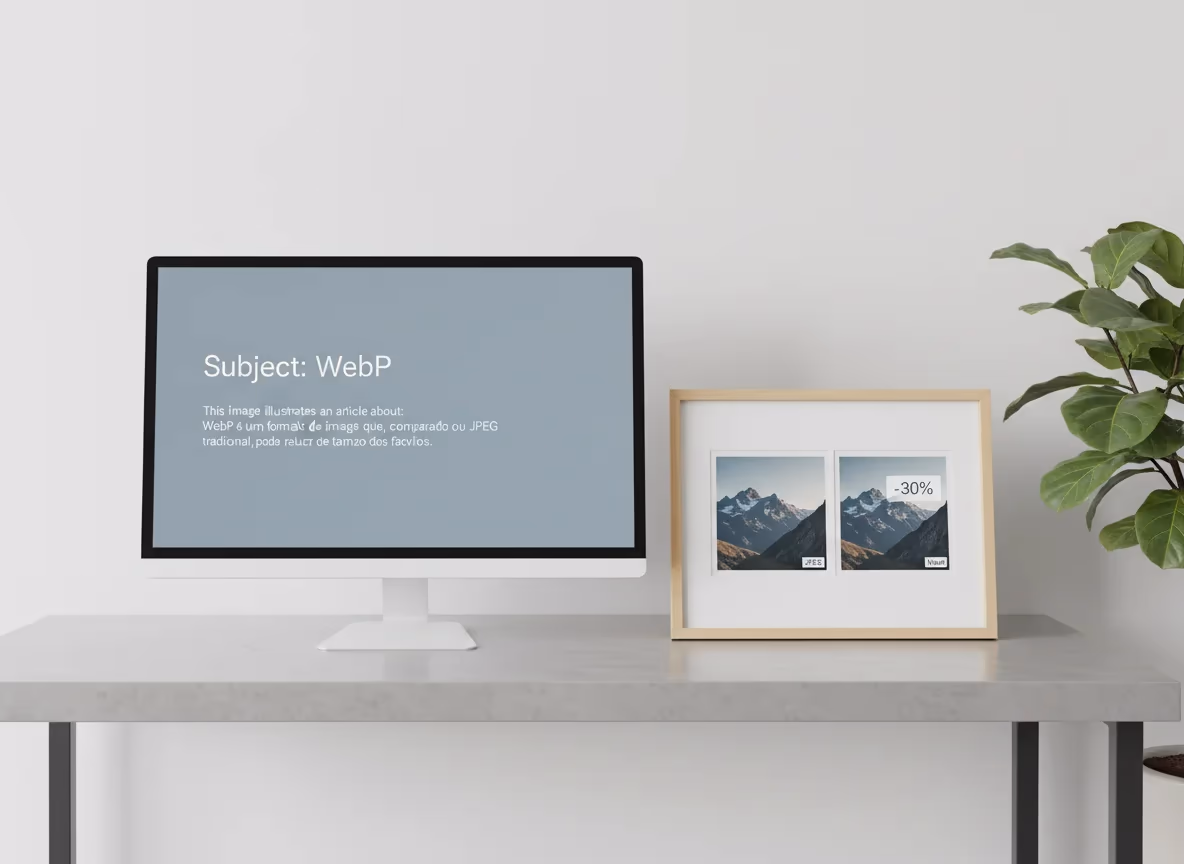 A clean workspace features a monitor displaying "Subject: WebP" and a framed image comparing JPEG vs. WebP.