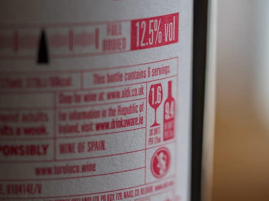 Detailed image of a wine bottle label showing 12.5% alcohol content and serving information.