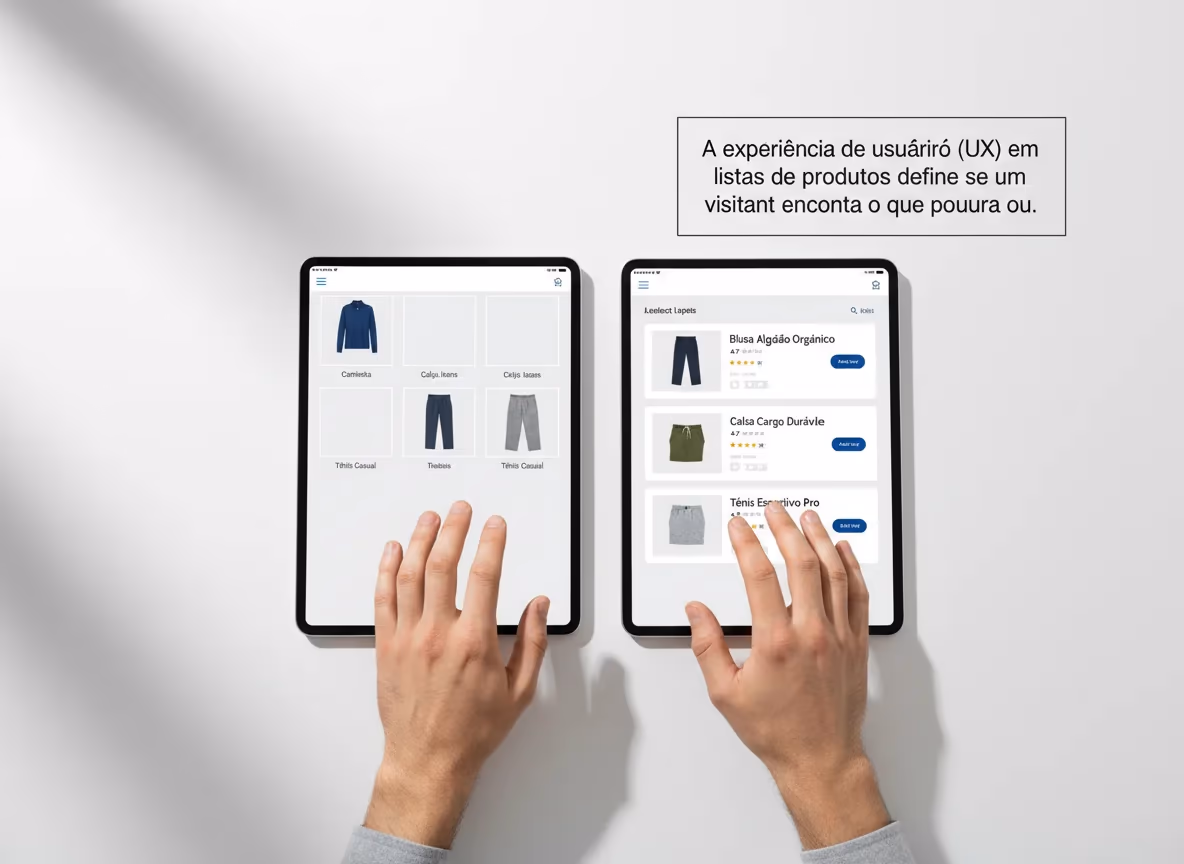 An overhead shot of two hands interacting with two tablets displaying different e-commerce product list layouts, with an expl