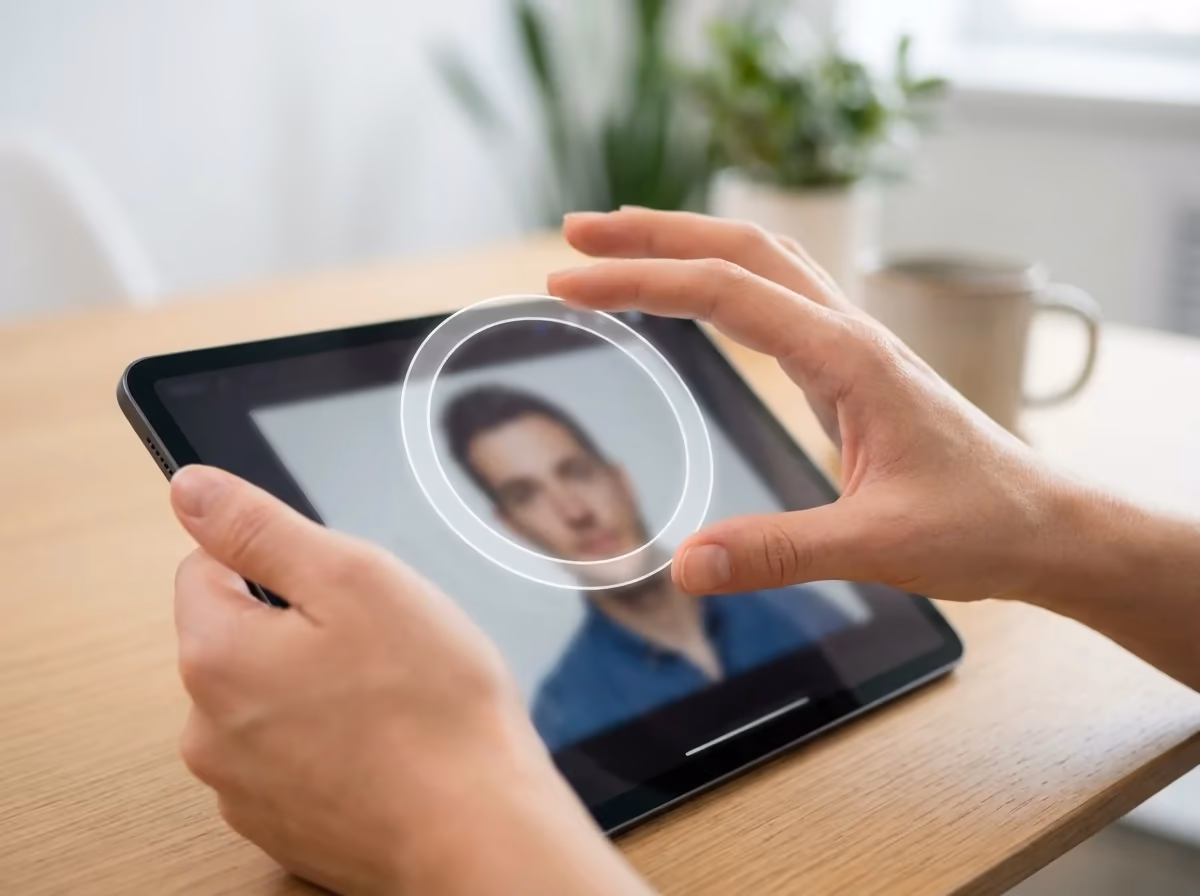 Hands hold a tablet displaying a blurred face with a prominent white oval graphic, on a wooden table.