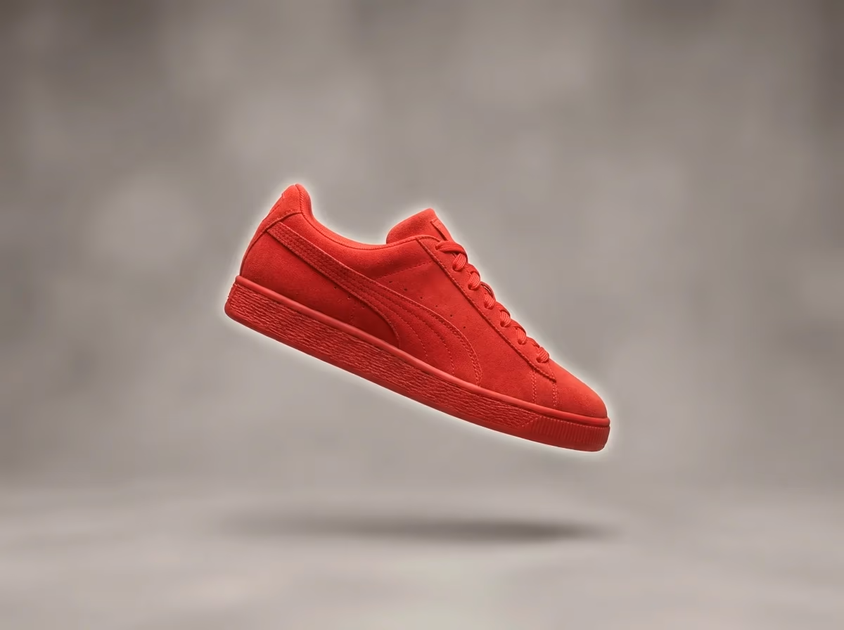 A vibrant red suede sneaker is depicted floating against a soft, gradient grey background with a subtle shadow.