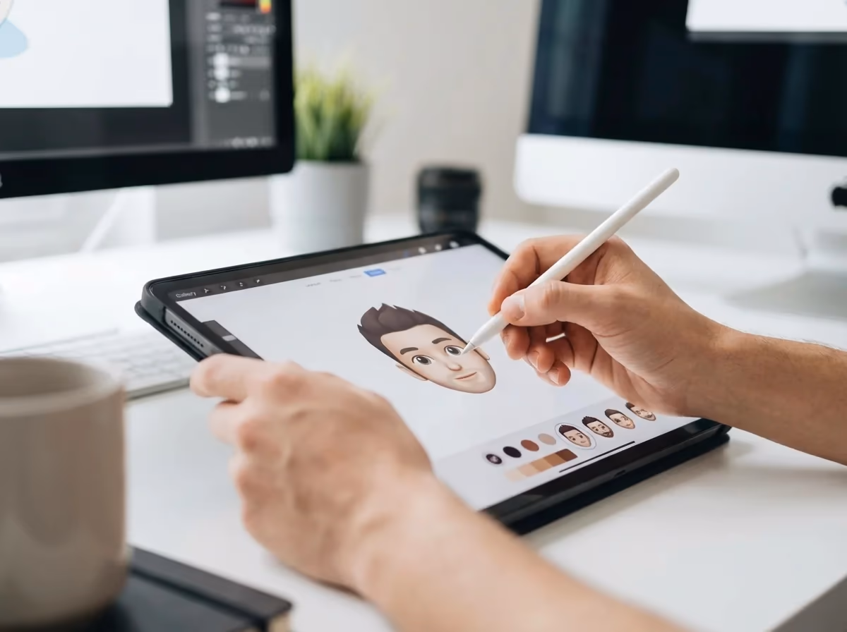 A person uses an Apple Pencil on an iPad to design a cartoon avatar, with monitors in the background.