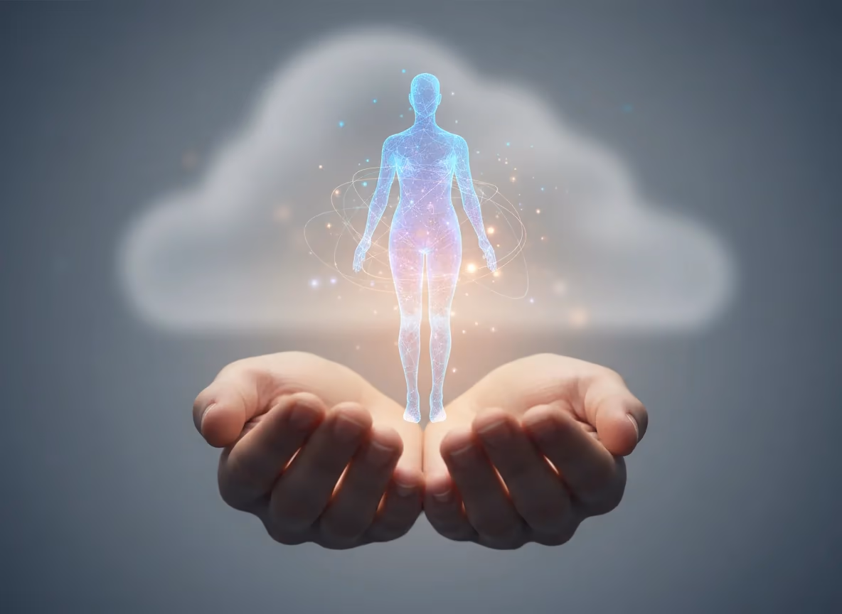 Two cupped hands hold a glowing, digital human figure under a soft cloud, symbolizing health tech or digital wellness.