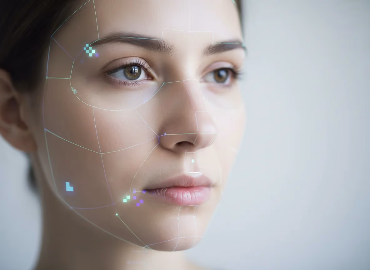 A close-up of a woman's face with a futuristic digital grid and glowing points overlaid, suggesting facial recognition techno