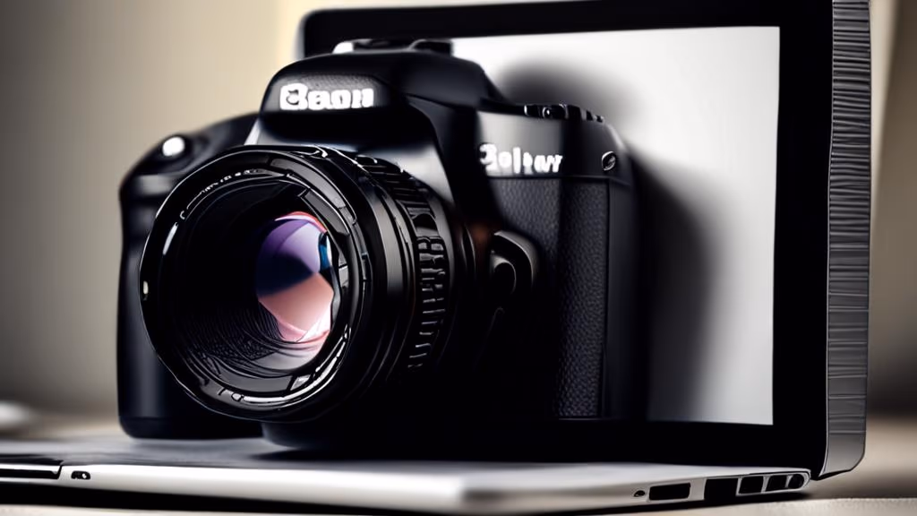 Câmera DSLR apontada para uma foto de produto na tela do laptop, luz de estúdio suave
