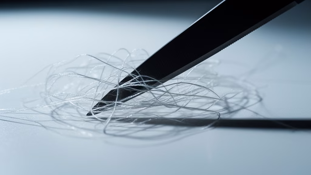 Macro close-up of tangled fibers being cut cleanly—visual metaphor for edge fidelity at 200% zoom in background removal